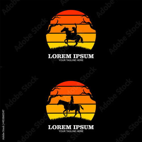 Cowboy riding horse silhouette logo design