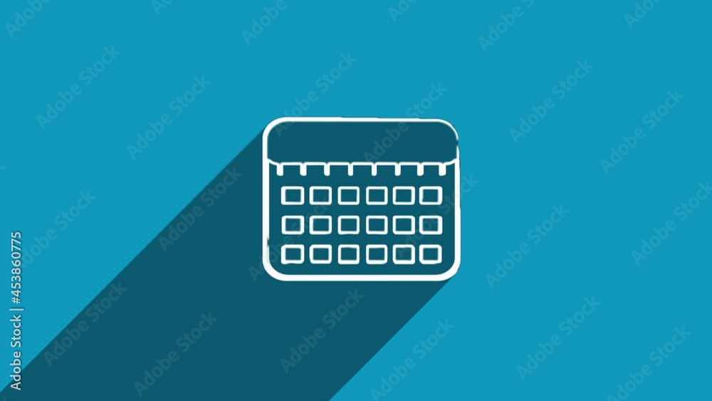 White line calendar icon with shadow isolated on blue background. Shadow reflection design. 4K video motion graphic animation.