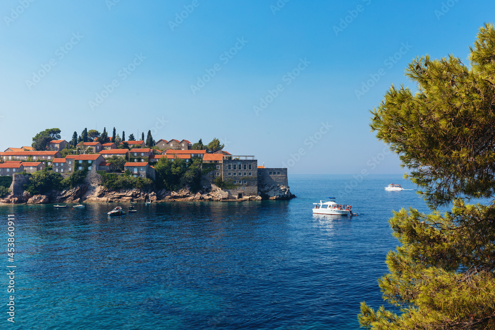 Amazing view of the sea and Sveti Stefan island from the hill,  Montenegro.