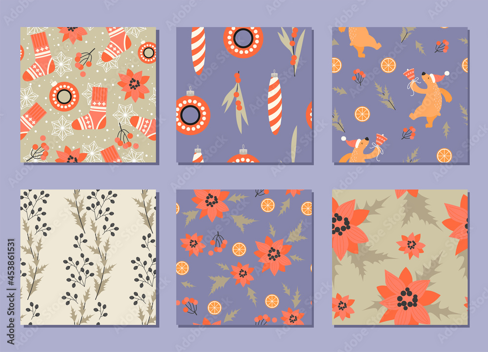 Set of seamless patterns for Christmas and New Year with decorations, plants and dancing bears.
