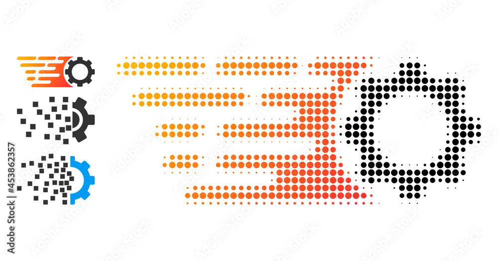 Obraz premium Halftone rush gear. Dotted rush gear made with small circle elements. Vector illustration of rush gear icon on a white background. Halftone array contains circle elements.