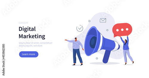 Characters using big loudspeaker to communicate with customers. Social media promotion and advertising concept. Flat cartoon vector illustration isolated.