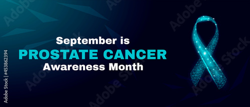 Prostate Cancer Awareness Month concept. Banner template with glowing  low poly light blue ribbon awareness. Futuristic modern abstract. Isolated on dark background. Vector illustration.