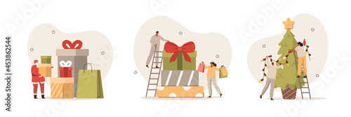 People celebrating New Year. Woman, man and Santa Claus characters decorating Christmas tree, packing gifts boxes and preparing to holidays. Isolated cartoon vector illustration and icons set.