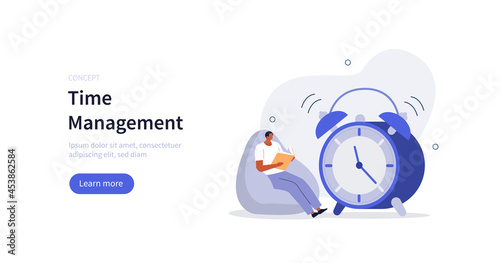 Character sitting near alarm clock and trying to managing and organizing work and life time. Time management concept. Flat cartoon vector illustration isolated.