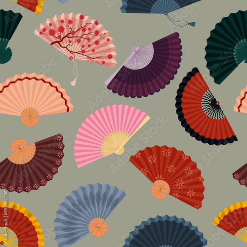 Hand fan on seamless pattern. Beautiful Asian background. Vector illustration