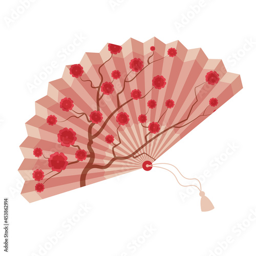 Hand fan in the Japanese  Chinese style. Traditional oriental red fan. Vector isolated illustration on white background