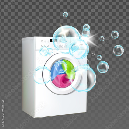 Laundry Machine Home Equipment Wash Clothes Vector. Laundry Machine Washing Clothing With Bubble Liquid Powder, Household Electronic Appliance. Housekeeping Template Realistic 3d Illustration