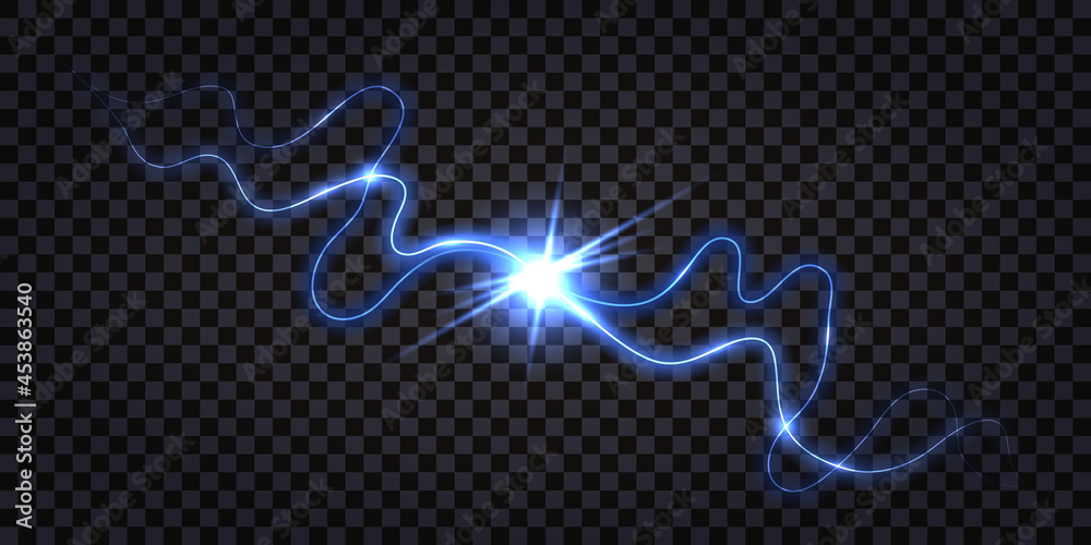 Electric discharge shock effect, dynamic blue impulse waves with light burst glow. Lightning thunder bolt isolated, swirl wire cables. Electricity, technology, power and energy. Vector illustration.