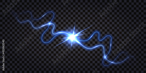 Electric discharge shock effect, dynamic blue impulse waves with light burst glow. Lightning thunder bolt isolated, swirl wire cables. Electricity, technology, power and energy. Vector illustration.