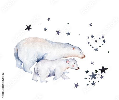 Watercolor animals illustrations. Cute wild animal. Polar Bears silhouette isolated on a white background. Sketch art. Save the Arctic