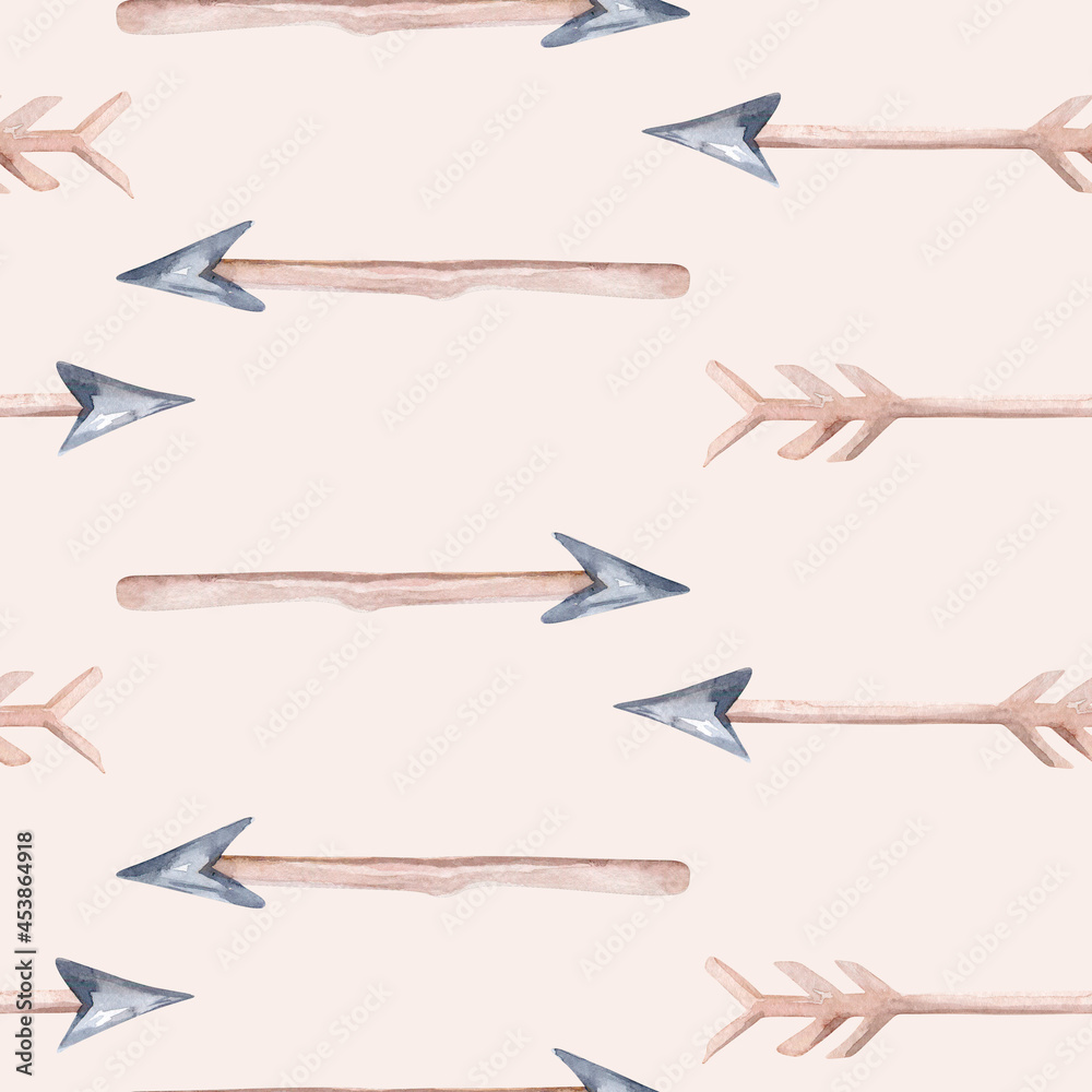 Seamless pattern of colored feathers and romantic arrows painted with watercolors on a white background Seamless pattern of colored feathers and romantic arrows painted with watercolors on a white background