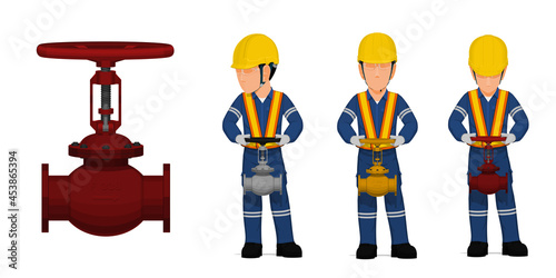 set of worker is operating gate valve on white background