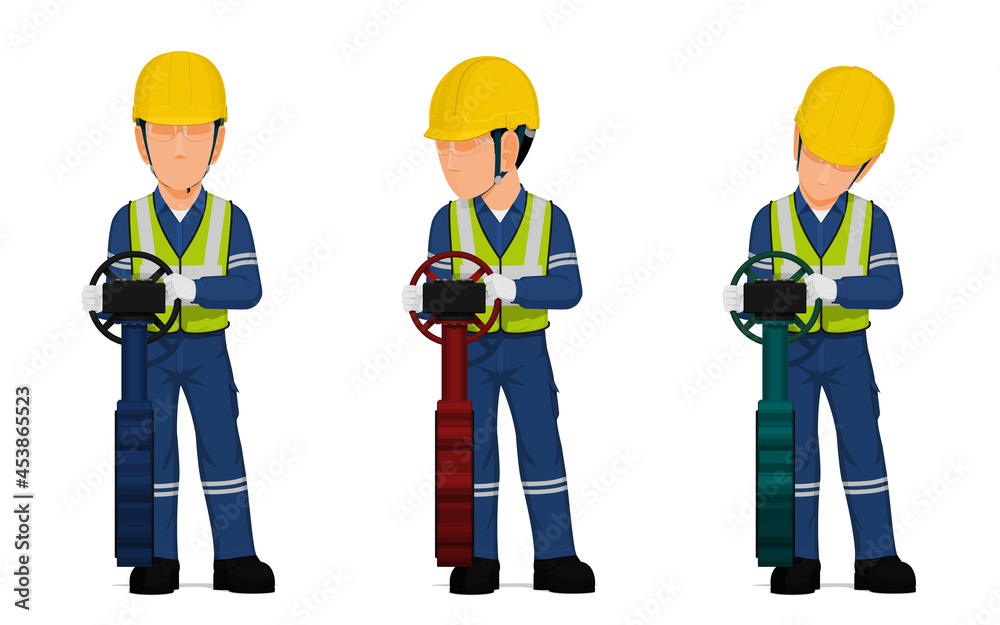 set of worker is operating butterfly valve on white background set of worker is operating butterfly valve on white background