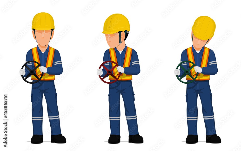 set of worker is holding hand wheel on white background set of worker is holding hand wheel on white background
