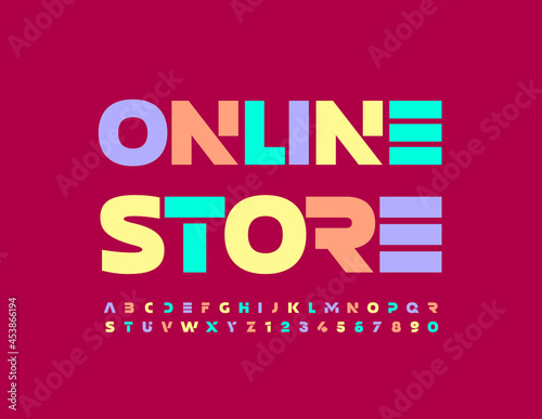 Vector colorful banner Online Store with techno style Font. Modern Alphabet Letters and Numbers set
