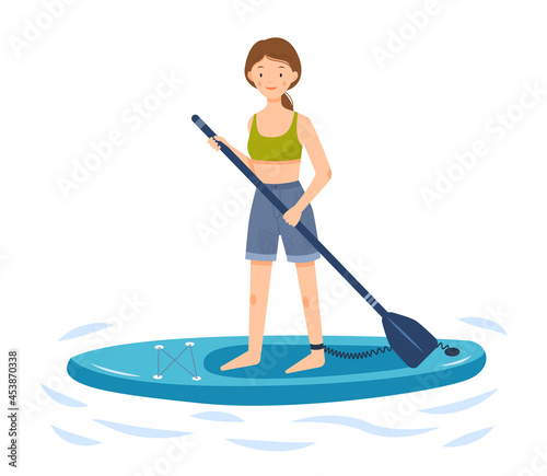 The girl is riding a sup board. A woman stands on a paddle board and holds a paddle in her hands. Vector flat illustration.