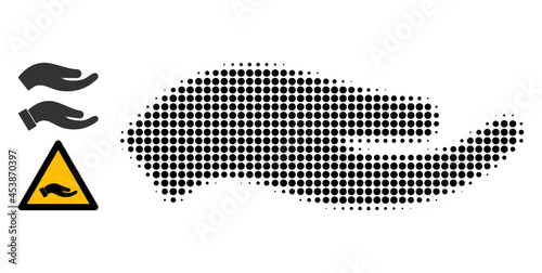Halftone petition hand. Dotted petition hand constructed with small circle elements. Vector illustration of petition hand icon on a white background. Halftone array contains circle elements.