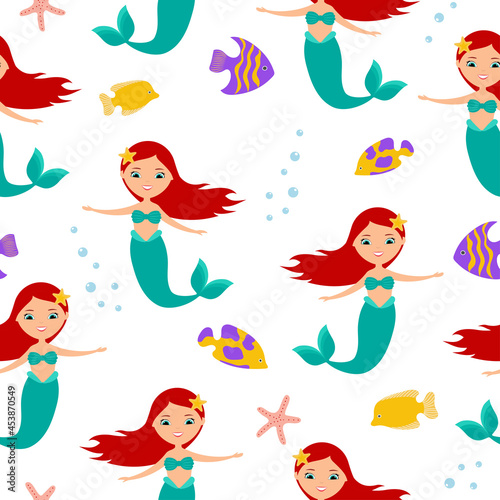 Cute mermaid, starfish and fishes seamless pattern on white background. Flat style design. 