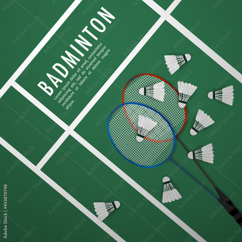 Badminton racket with white shuttlecock on white line on green background  badminton court indoor, Simple flat design style , illustration Vector EPS  10, can use for badminton Championship Logo Stock Vector | Adobe Stock