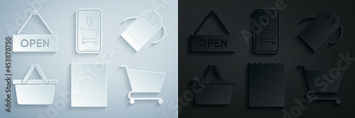 Set Paper shopping bag, Blank label template price tag, Shopping basket, cart, Mobile phone and and Hanging sign with text Open door icon. Vector