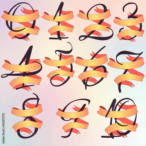 Set of numbers in a ribbon, autumn theme, holiday ribbon, holiday packaging, ribbon, for postcards, congratulations, the background is removed, all numbers with ribbons can be used separately