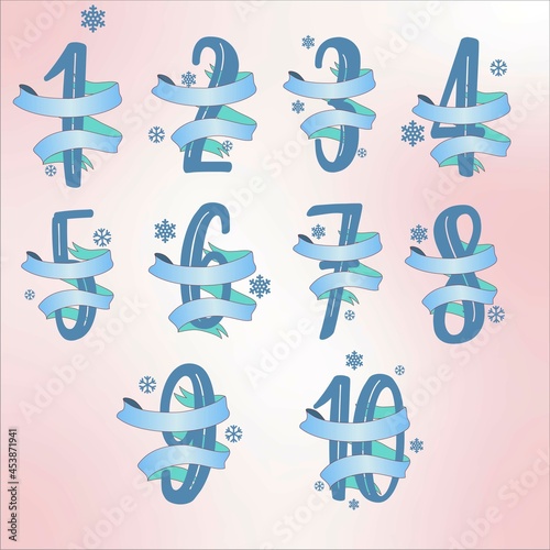 Set of numbers in a ribbon, winter theme, holiday ribbon, holiday packaging, ribbon, for postcards, congratulations, the background is removed, all numbers with ribbons can be used separately