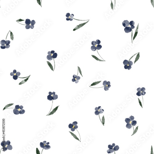 seamless pattern with little dark blue flowers on a white background, digital watercolour illustration design © Алена Клепикова