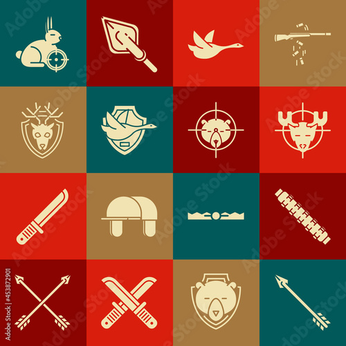 Set Hipster arrow, Hunting cartridge belt with cartridges, on moose crosshairs, Flying duck, shield, Deer head antlers, rabbit and bear icon. Vector