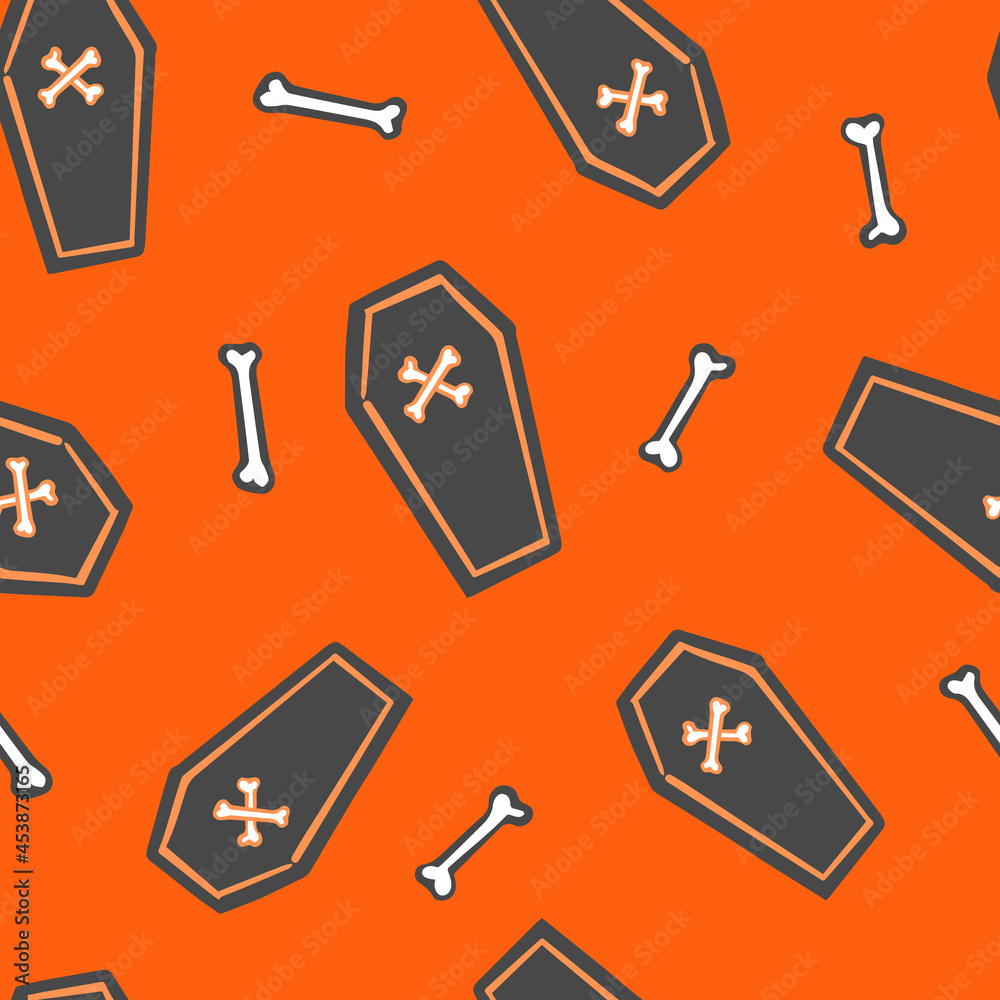 Obraz premium All over Halloween seamless vector repeat pattern with tossed black coffins and bones on orange background. Simple and sophisticated 4 way Halloween backdrop