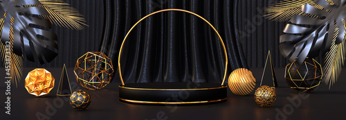 3d round elegant podium with palm leaves and with golden balls on background black curtain stage. 3D rendering stand for ads product, sale, banner, presentation, cosmetic