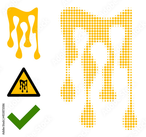 Halftone sticky honey drops. Dotted sticky honey drops made with small circle points. Vector illustration of sticky honey drops icon on a white background. Halftone pattern contains circle pixels.