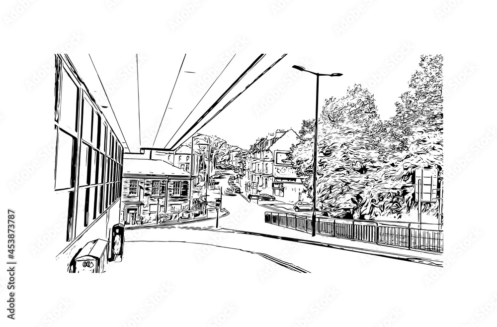 Fototapeta premium Building view with landmark of Hastings is a town in England. Hand drawn sketch illustration in vector.