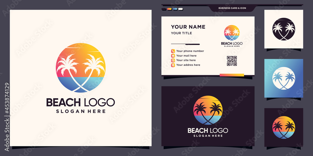 Beach logo with sun and palm tree. icon logo and business card design Premium Vector