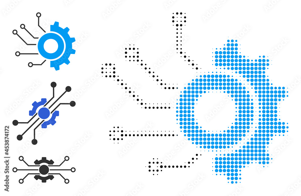 Halftone gear electronic factory. Dotted gear electronic factory generated with small circle dots. Vector illustration of gear electronic factory icon on a white background.