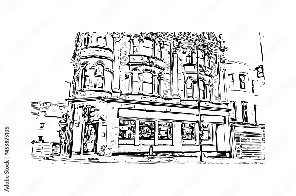 Building view with landmark of Hastings is a town in England. Hand drawn sketch illustration in vector.