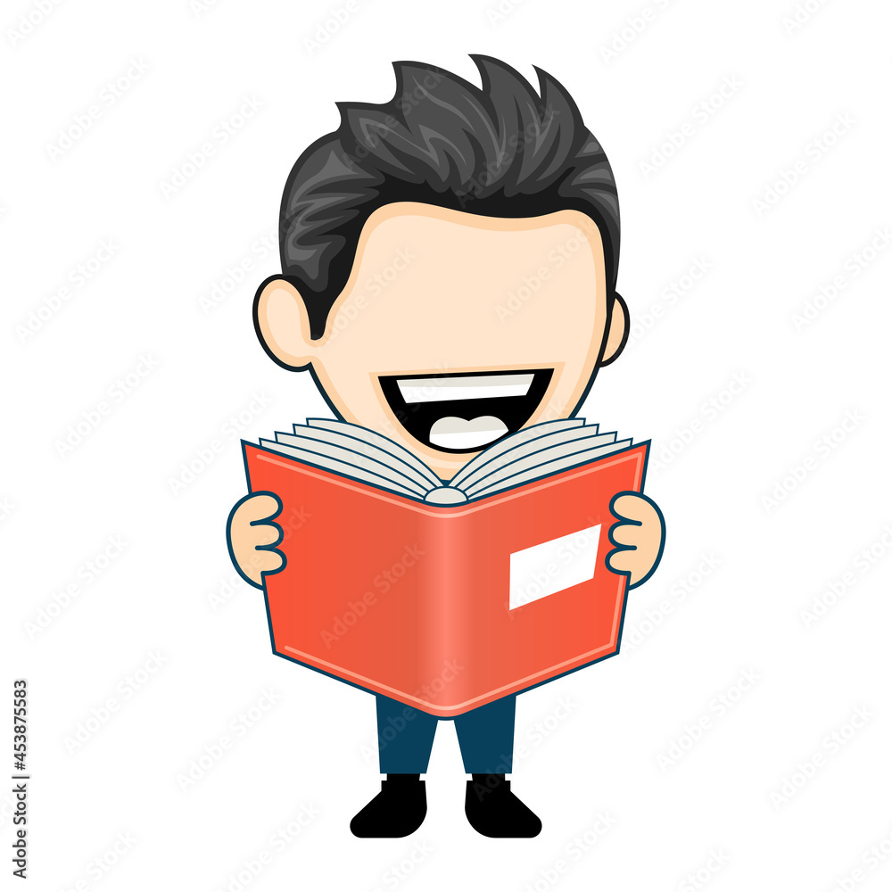 Happy businessman or student reading a book. The concept of business or education in cartoon style