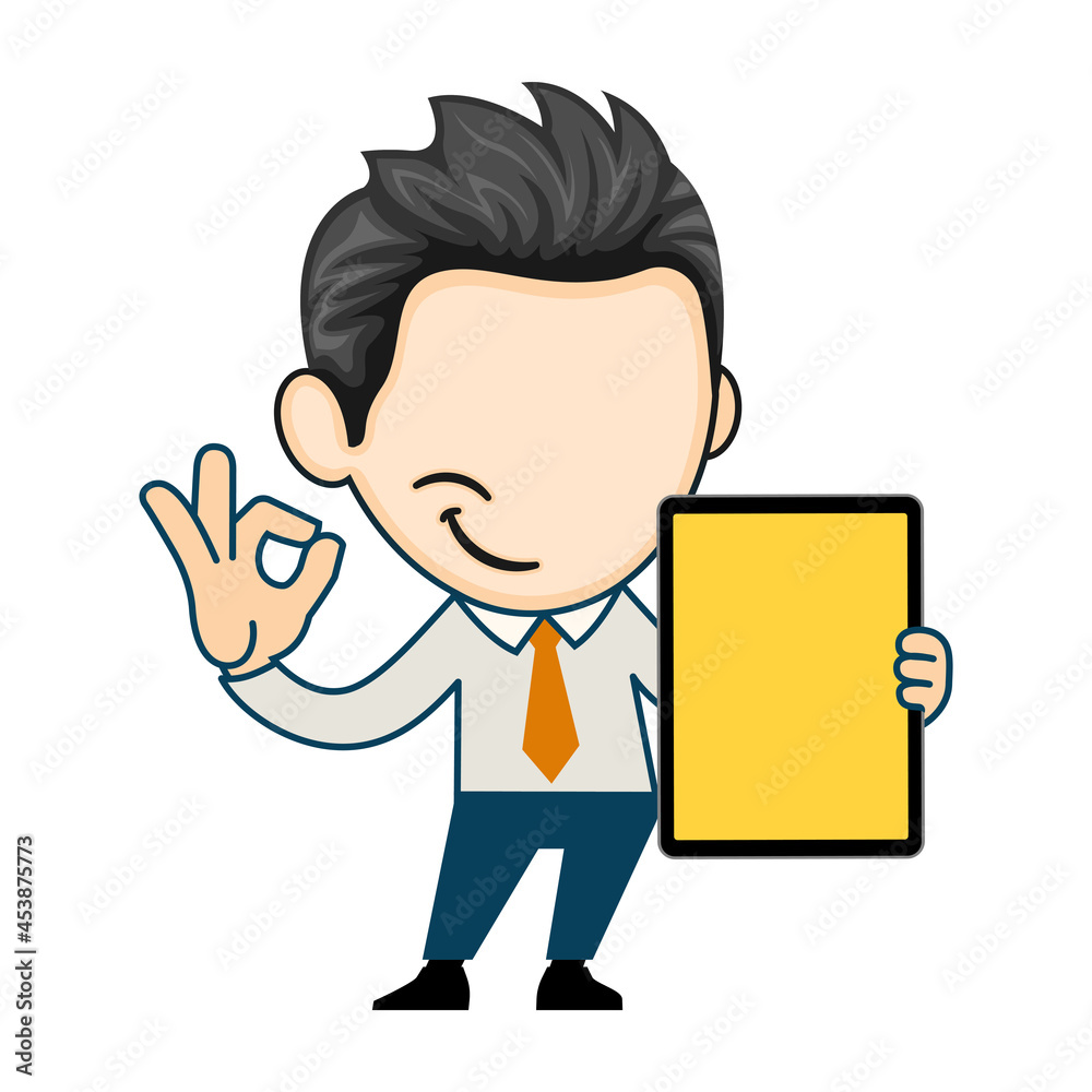 Happy business man showing a tablet. business character in vector style Happy business man showing a tablet. business character in vector style