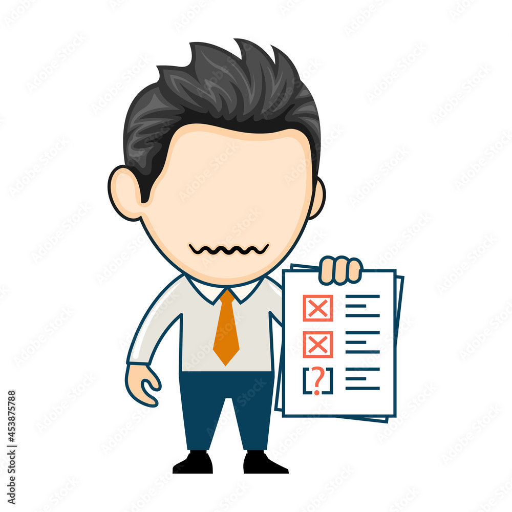 Sad businessman holding clipboard with cross mark. Business failure concept in cartoon style Sad businessman holding clipboard with cross mark. Business failure concept in cartoon style