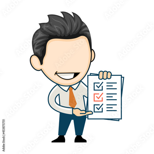 Happy businessman holding clipboard with completed checklist paper. The concept of successful businessman in cartoon style