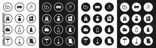 Set Shower head with water drops flowing, , Wet floor and cleaning progress, Washing dishes, Washer, Sponge, Plastic bottles for liquid dishwashing liquid and basin soap suds icon. Vector