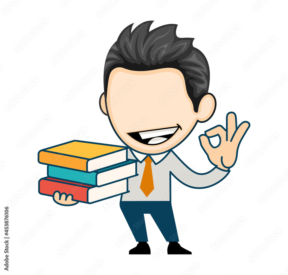 Happy business man showing stack of books in hands. student holding pile of books. Flat vector illustration in cartoon style Happy business man showing stack of books in hands. student holding pile of books. Flat vector illustration in cartoon style