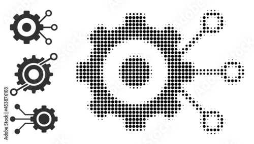 Halftone gear connections. Dotted gear connections made with small circle dots. Vector illustration of gear connections icon on a white background. Halftone pattern contains circle dots.