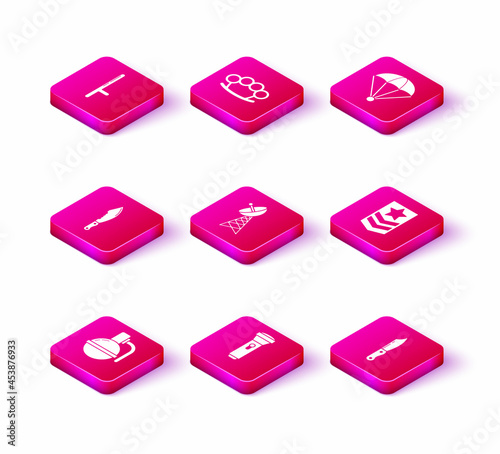 Set Hand grenade, Flashlight, Military knife, Radar, Chevron, Parachute and Brass knuckles icon. Vector
