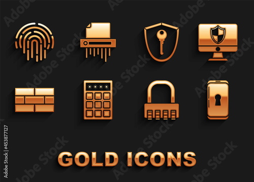 Set Password protection and safety access, Computer monitor shield, Smartphone with lock, Safe combination, Bricks, Shield key, Fingerprint and Paper shredder confidential icon. Vector