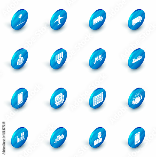 Set Plane, Delivery cargo truck vehicle, , Mobile phone with app delivery tracking, Scanner scanning bar code, Cargo ship boxes service and Railway carriage icon. Vector