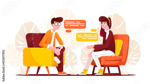Two handsome people sit opposite each other and speaking. A man and a woman speaking about something. Communication process flat design. Vector Illustration