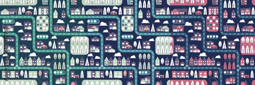 City seamless pattern set top view flat design. Suburban houses and roads seamless pattern or background. Blue, green, red and violet colors. Horizontal orientation Vector Illustration