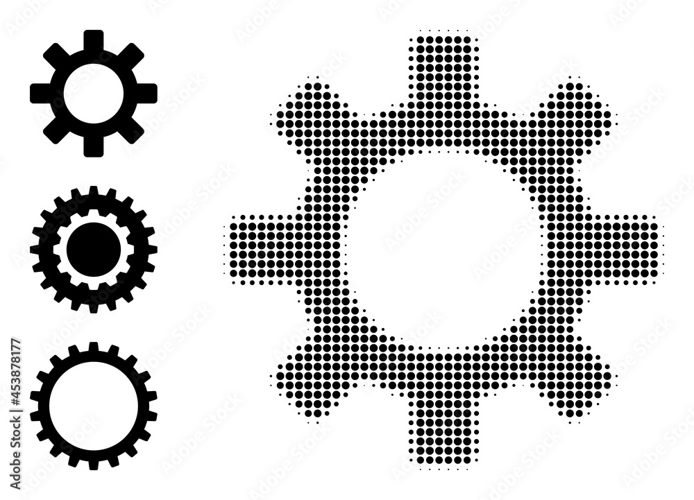 Halftone gearwheel. Dotted gearwheel made with small circle elements. Vector illustration of gearwheel icon on a white background. Halftone array contains circle points. Halftone gearwheel. Dotted gearwheel made with small circle elements. Vector illustration of gearwheel icon on a white background. Halftone array contains circle points.
