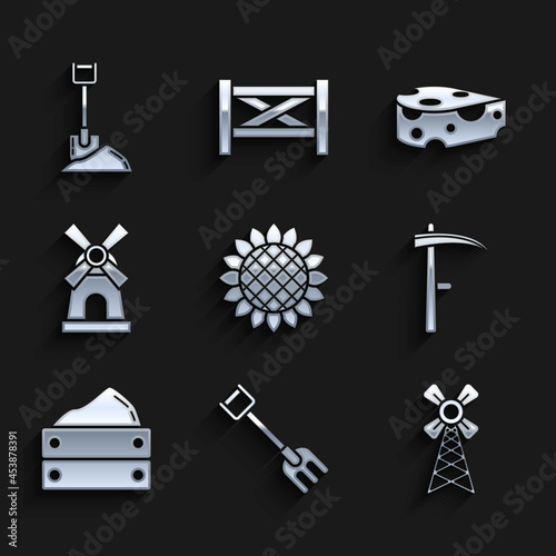 Set Sunflower, Garden rake, Windmill, Scythe, Wooden box with harvest, Cheese and Shovel ground icon. Vector